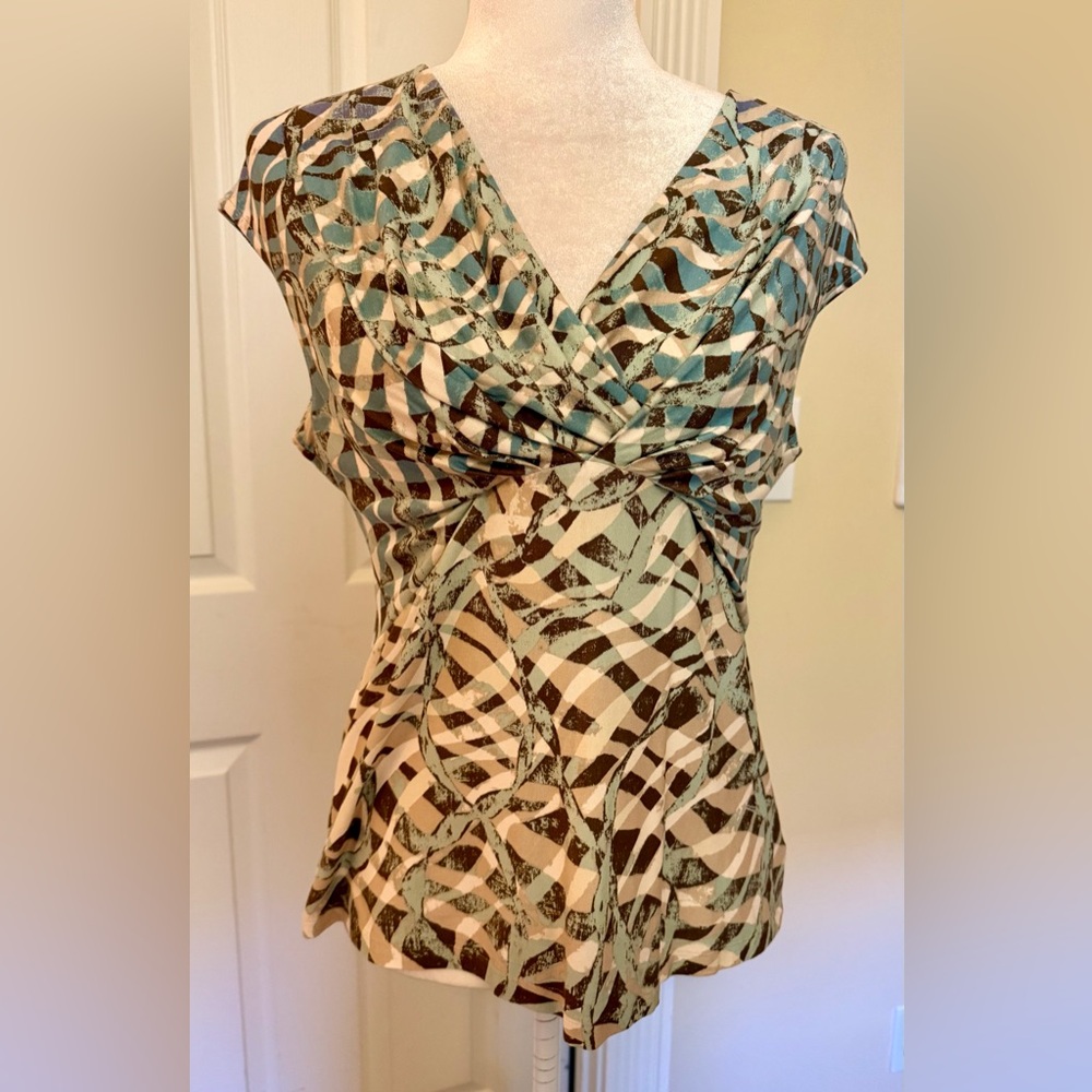 NWT NIC+ZOE Brown, Blue, and Cream Cap Sleeve top, Sz PM orig $118